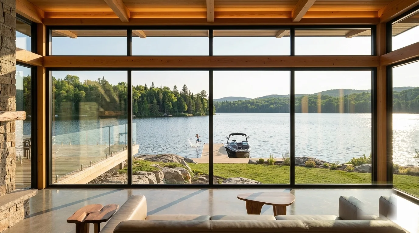 Intérieur d'un chalet moderne : mur de verre pleine hauteur sur un lac