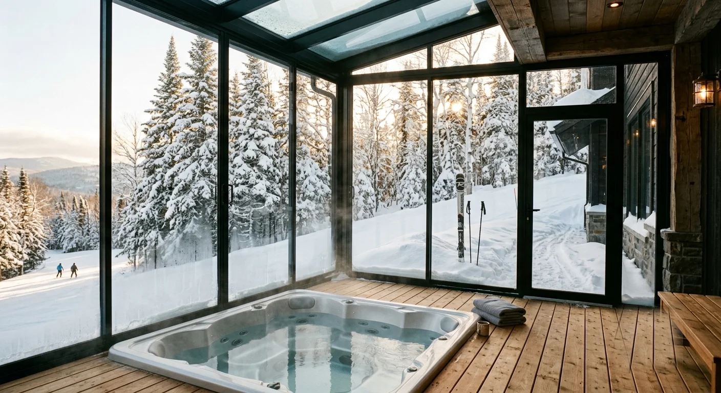 Terrasse vitrée avec spa au pied d'une piste de ski